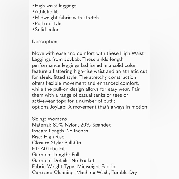 JoyLab Target high waist leggings pants size XS black brand new with tag - Picture 5 of 5